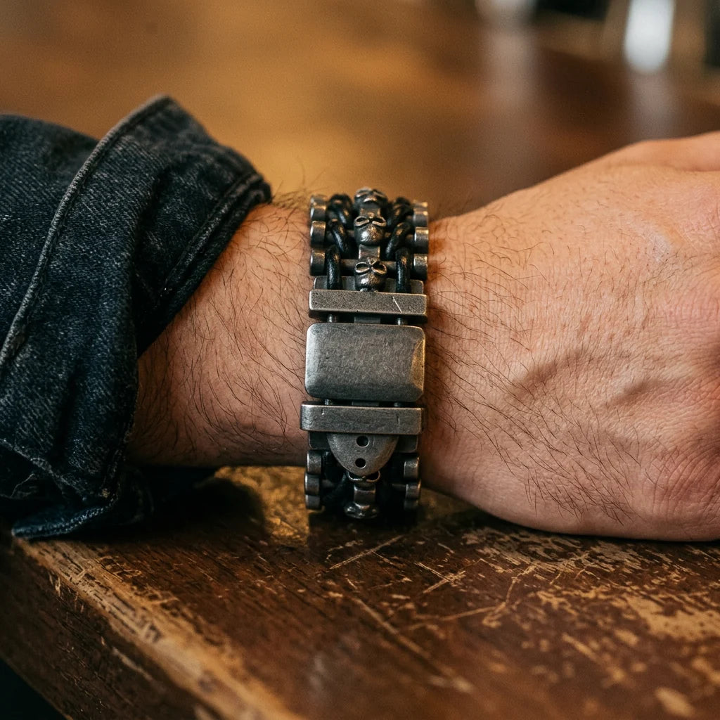Bracelet Solid Stainless Steel Skull Link Adjustable Buckle