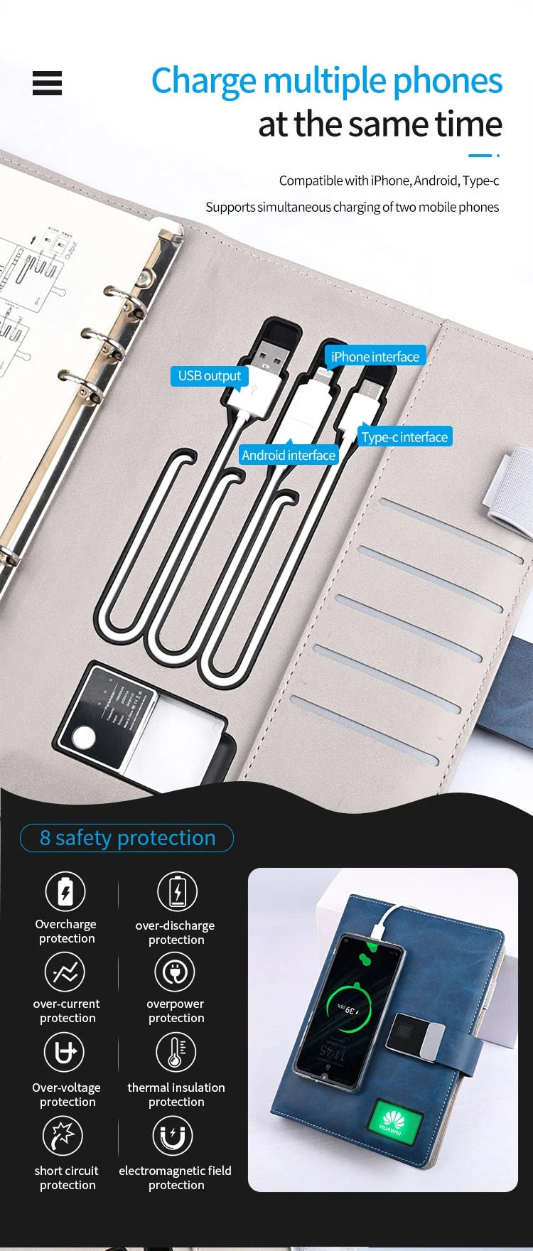 Business Notebook Wireless Charging Fingerprint Lock 10,000 mAh Battery