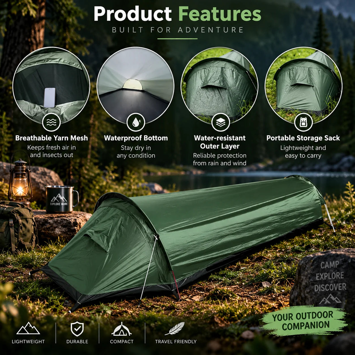 Camping Tent Single-Person Ultralight Mesh Ventilation & Reinforced Floor