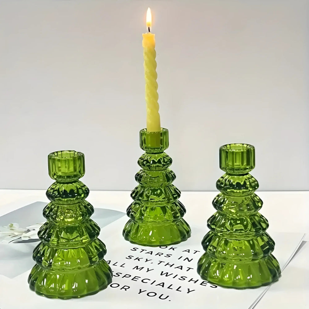 Candle Holder Set Tree-Shaped Glass 3-Piece