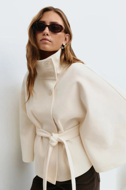 Cape Coat Tie Belt High Collar Button Closure