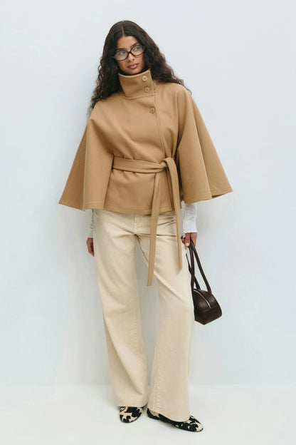 Cape Coat Tie Belt High Collar Button Closure