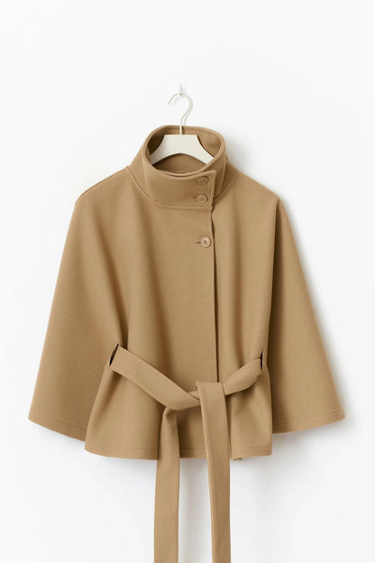 Cape Coat Tie Belt High Collar Button Closure