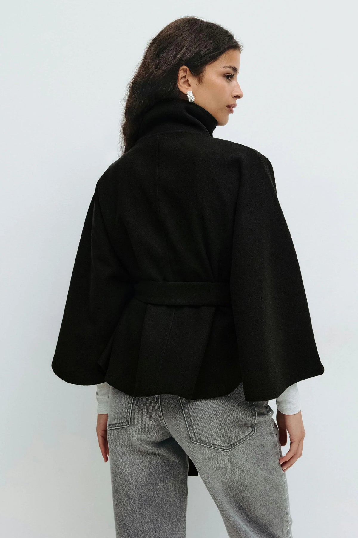 Cape Coat Tie Belt High Collar Button Closure
