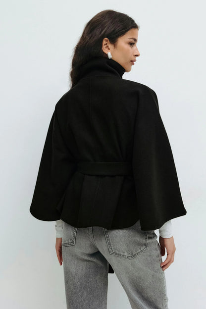 Cape Coat Tie Belt High Collar Button Closure