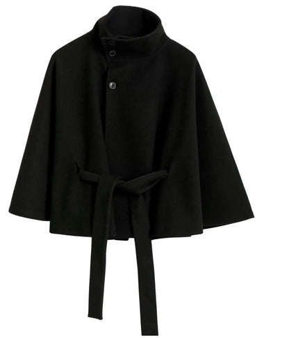 Cape Coat Tie Belt High Collar Button Closure