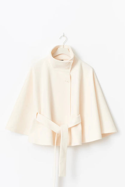 Cape Coat Tie Belt High Collar Button Closure
