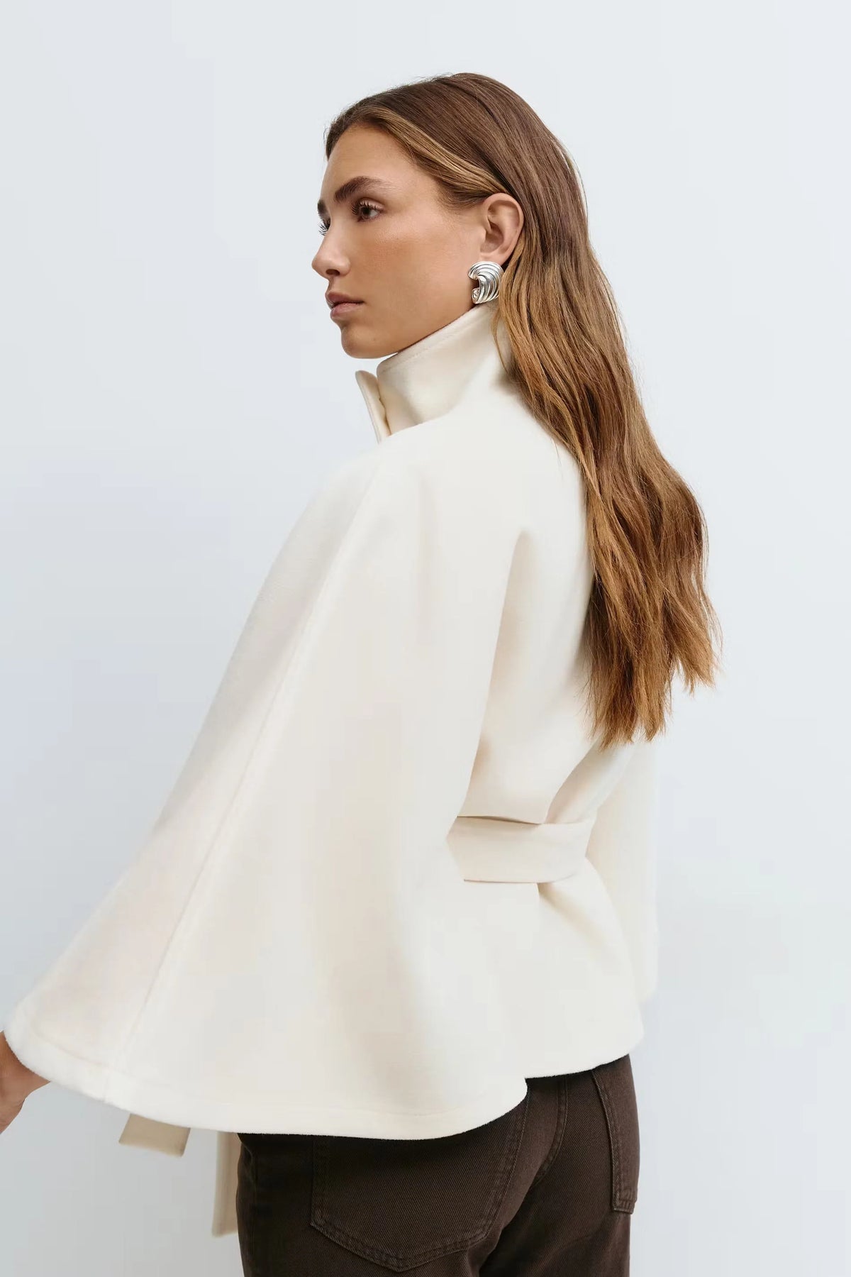 Cape Coat Tie Belt High Collar Button Closure