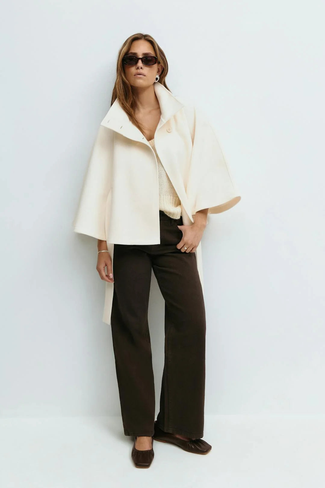 Cape Coat Tie Belt High Collar Button Closure