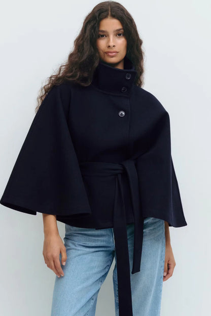 Cape Coat Tie Belt High Collar Button Closure