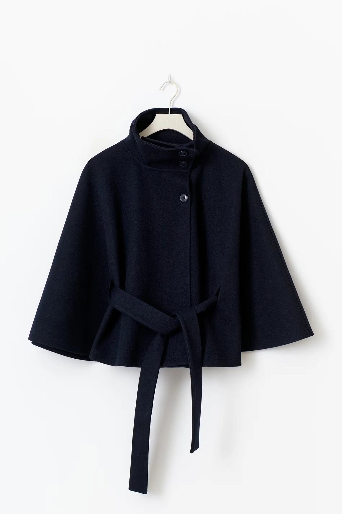 Cape Coat Tie Belt High Collar Button Closure