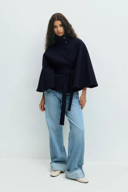 Cape Coat Tie Belt High Collar Button Closure