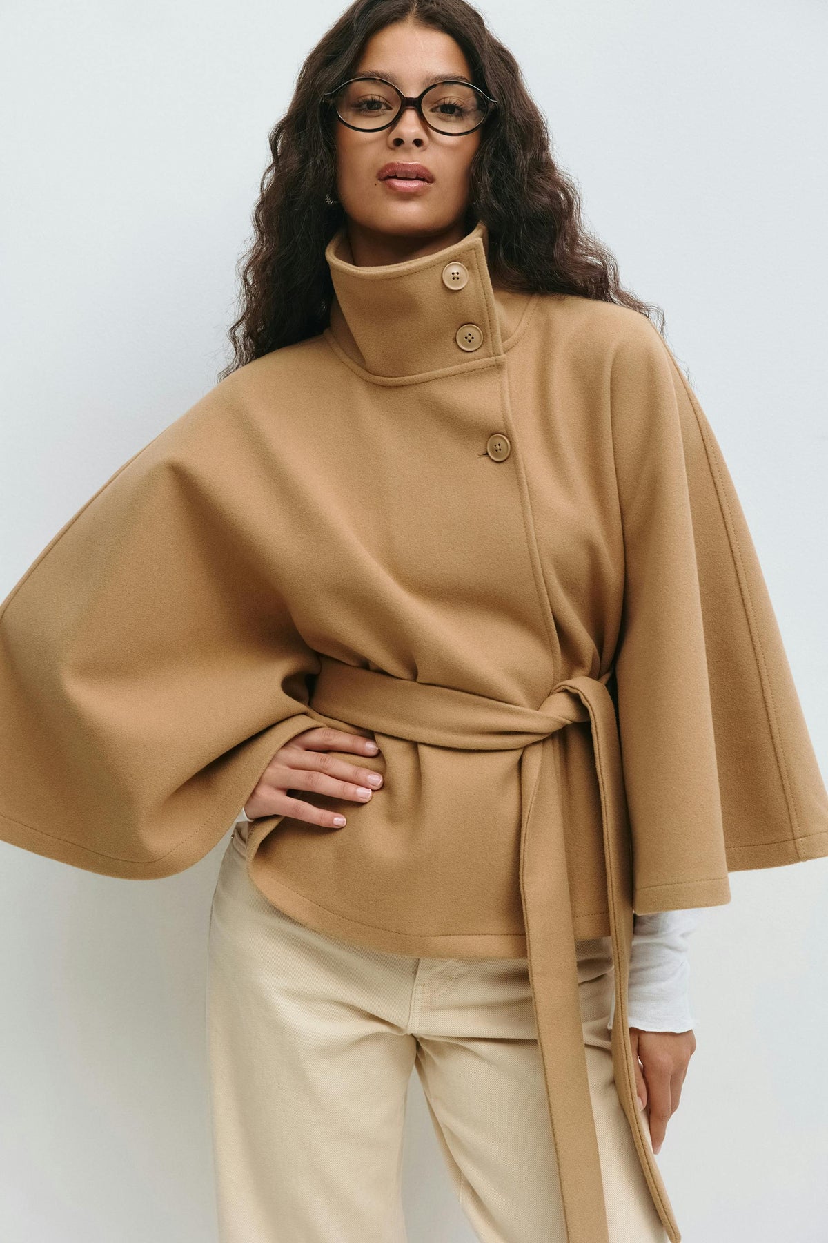 Cape Coat Tie Belt High Collar Button Closure