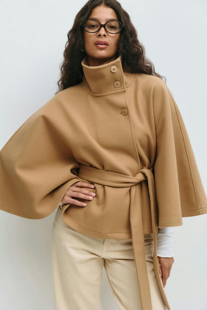 Cape Coat Tie Belt High Collar Button Closure