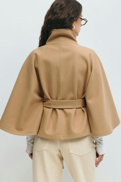 Cape Coat Tie Belt High Collar Button Closure