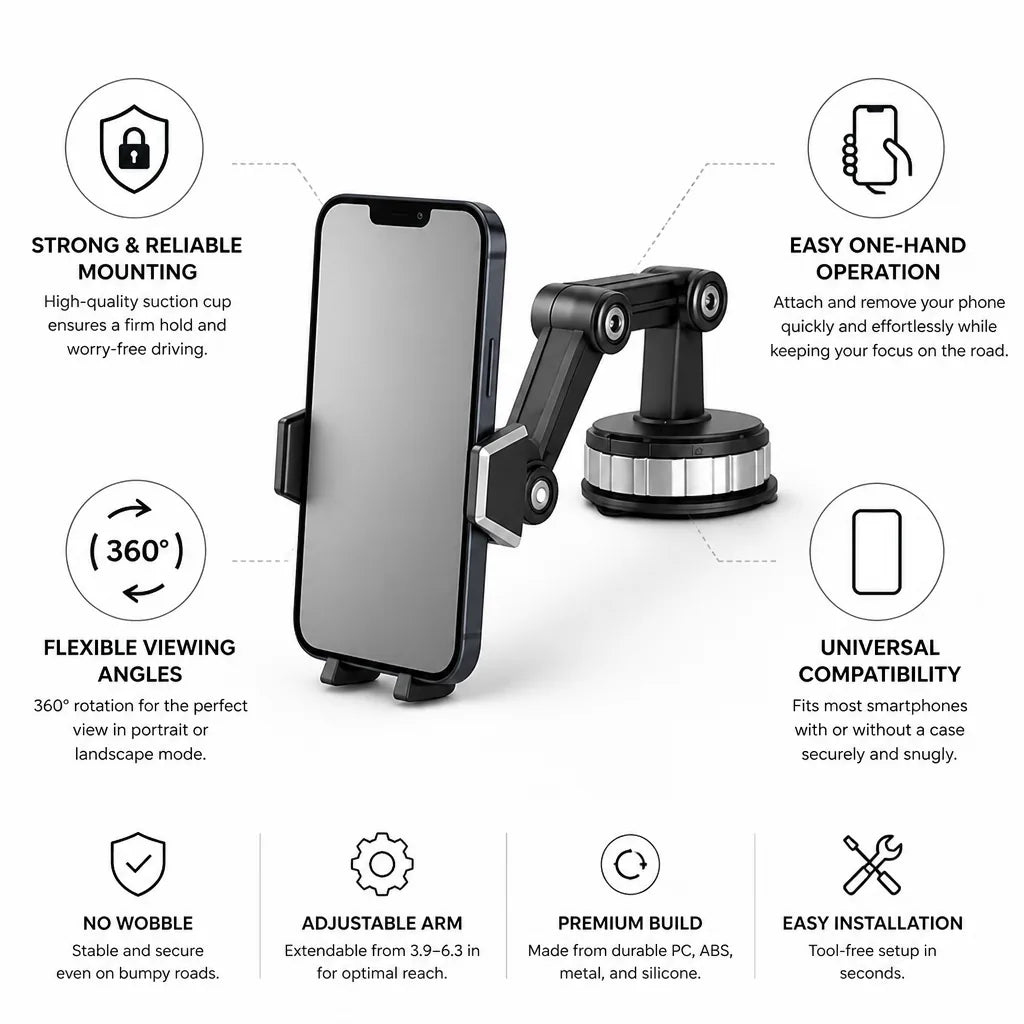 Car Phone Holder Suction Cup 360° Rotation Universal Fit