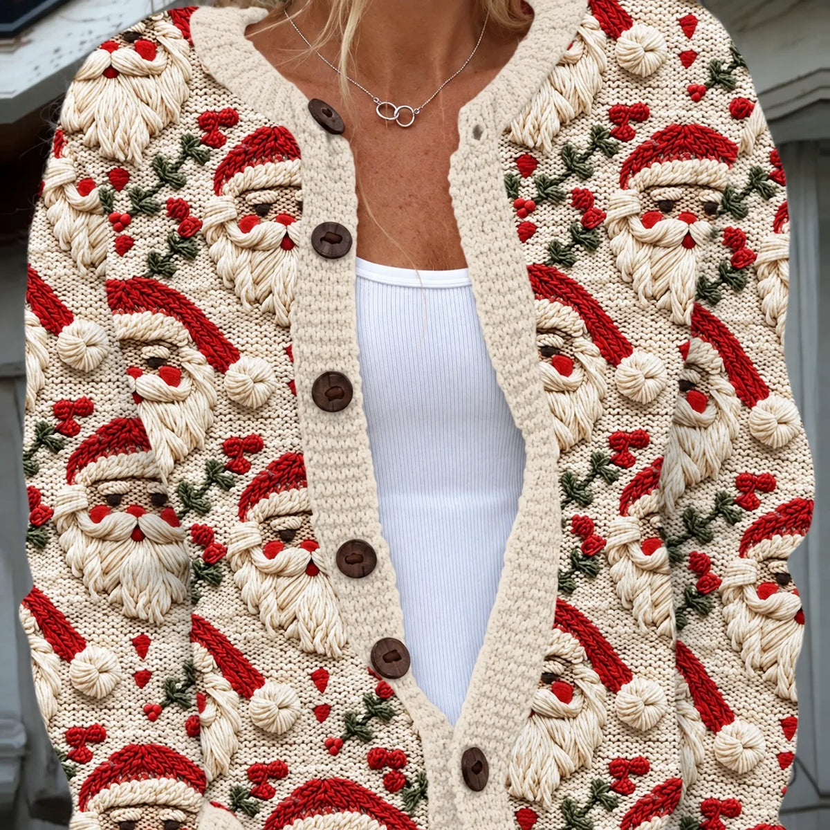 Cardigan Button-Front Soft Stretch Knit Holiday Print