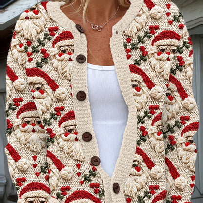 Cardigan Button-Front Soft Stretch Knit Holiday Print