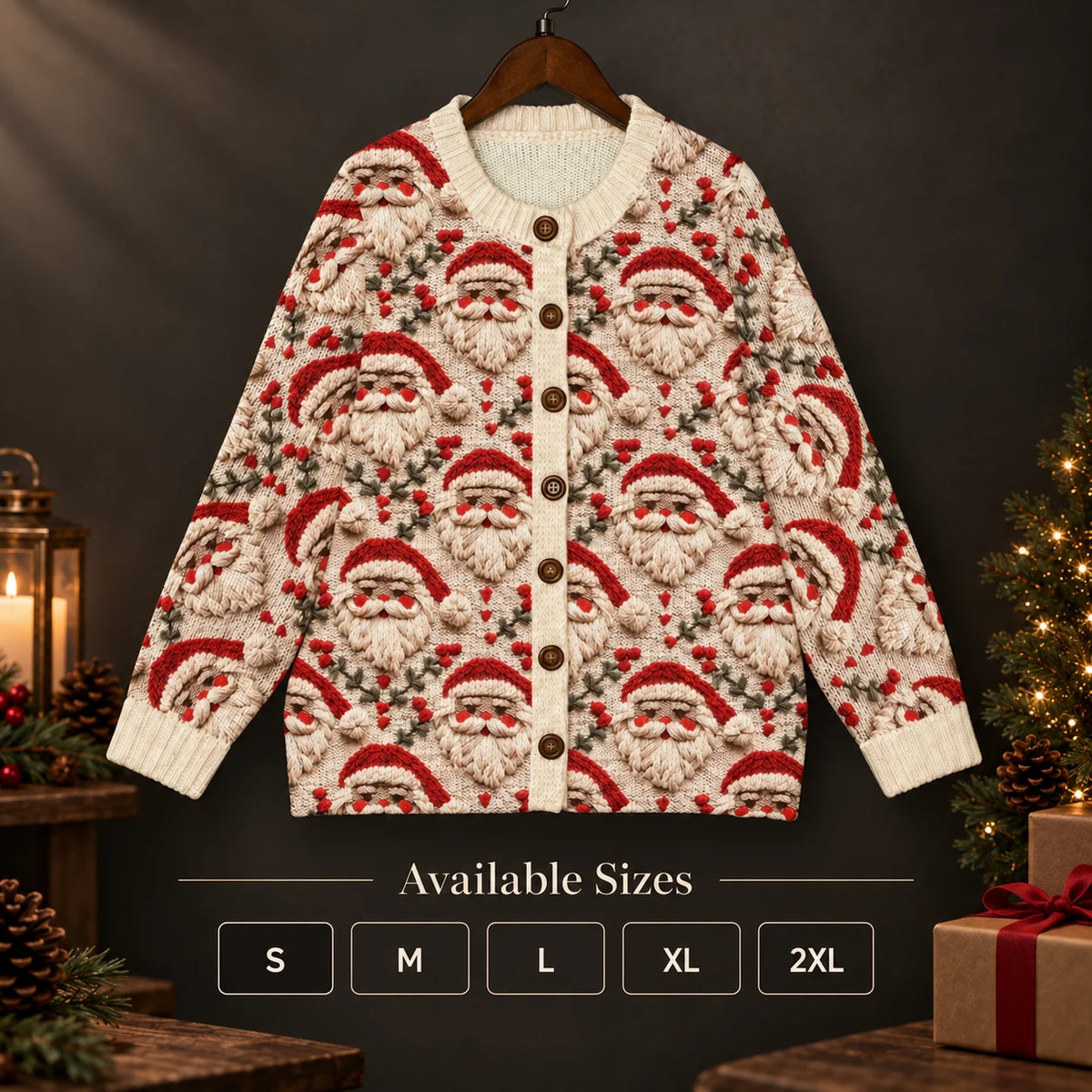 Cardigan Button-Front Soft Stretch Knit Holiday Print