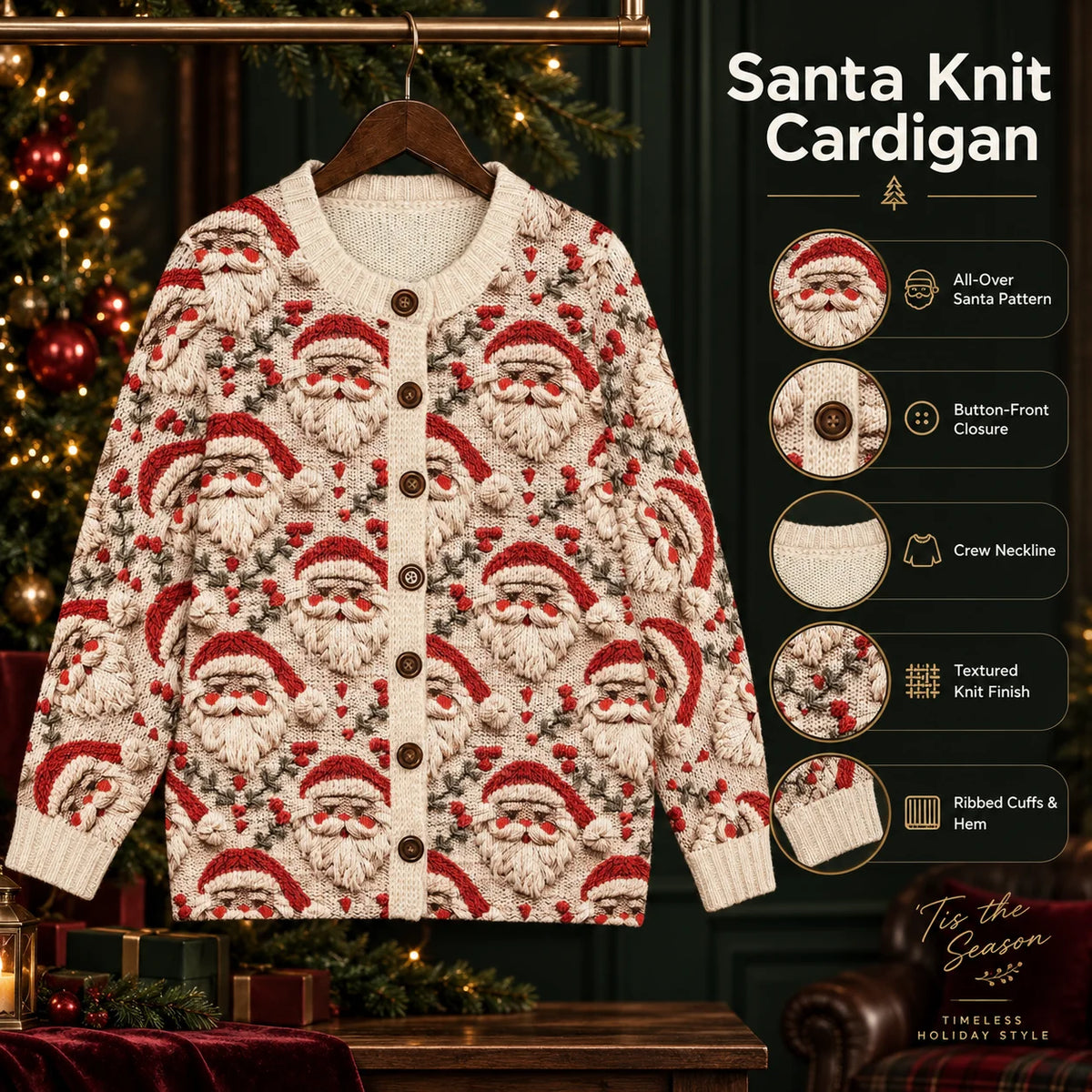 Cardigan Button-Front Soft Stretch Knit Holiday Print