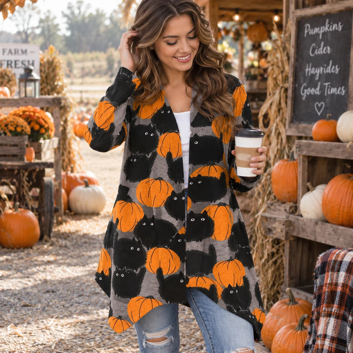 Cardigan Pumpkin Print Button-Front Stretch Knit