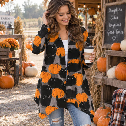 Cardigan Pumpkin Print Button-Front Stretch Knit