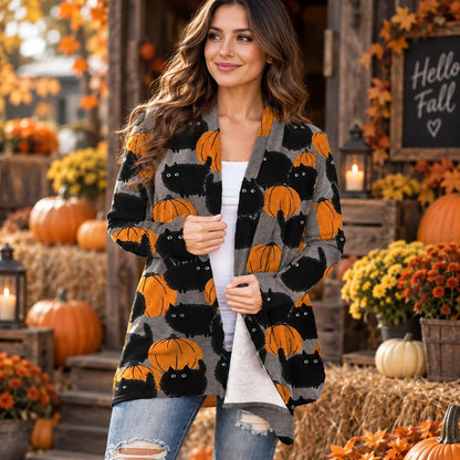 Cardigan Pumpkin Print Button-Front Stretch Knit