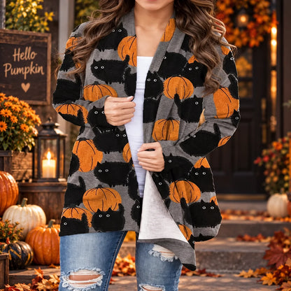 Cardigan Pumpkin Print Button-Front Stretch Knit