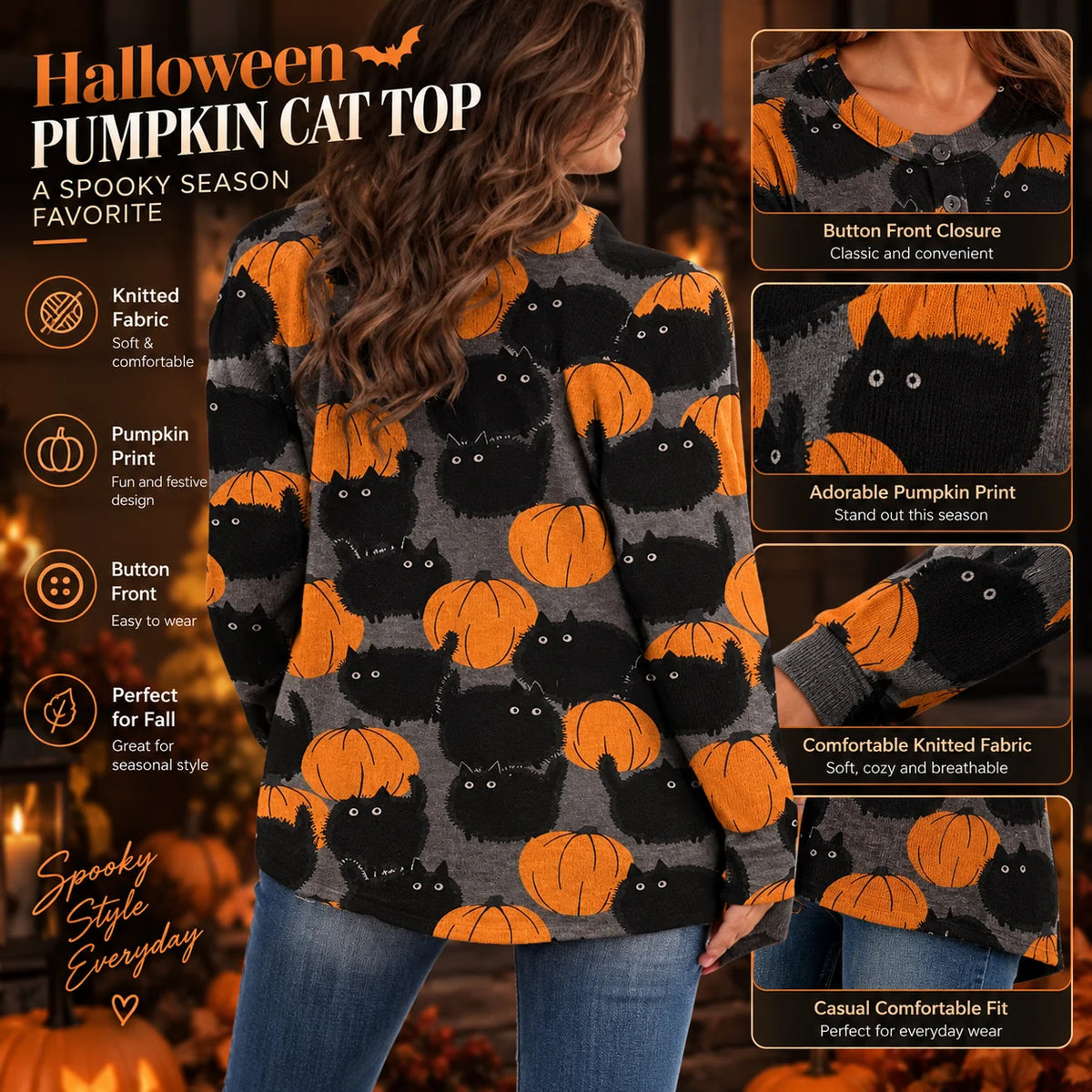 Cardigan Pumpkin Print Button-Front Stretch Knit