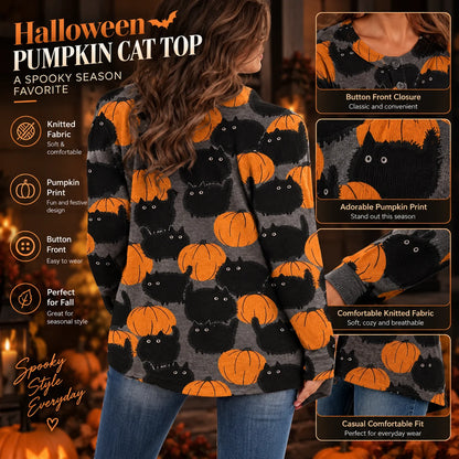 Cardigan Pumpkin Print Button-Front Stretch Knit
