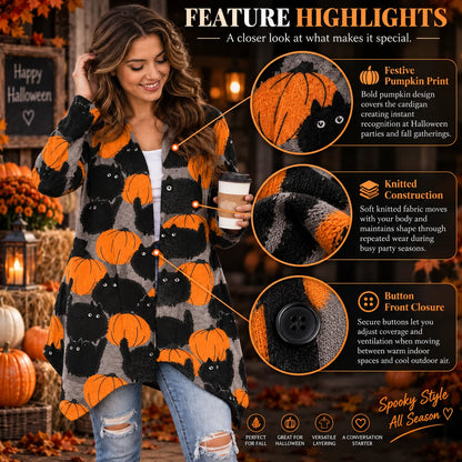 Cardigan Pumpkin Print Button-Front Stretch Knit