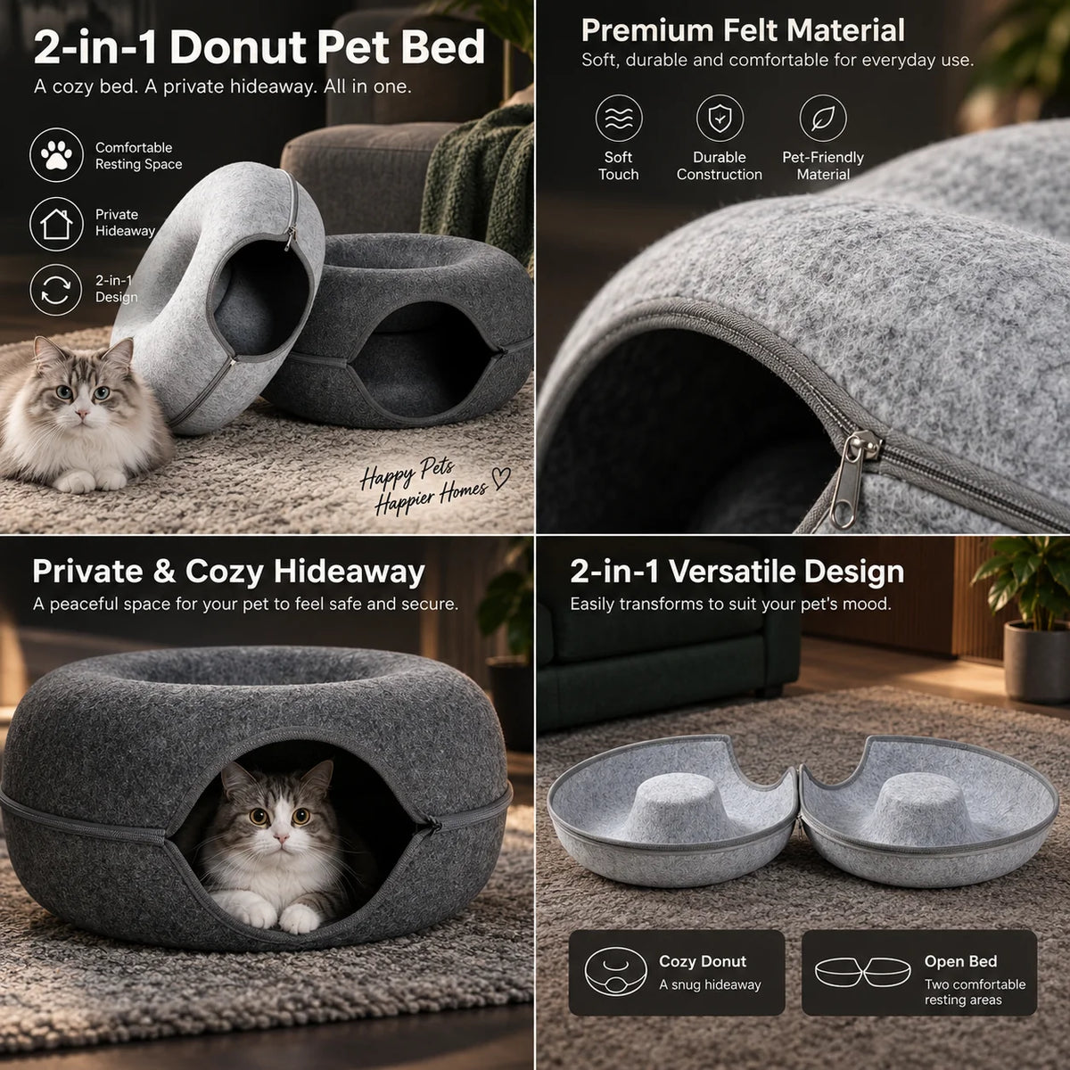 Cat Cave Bed Thick Felt Zip-On Top