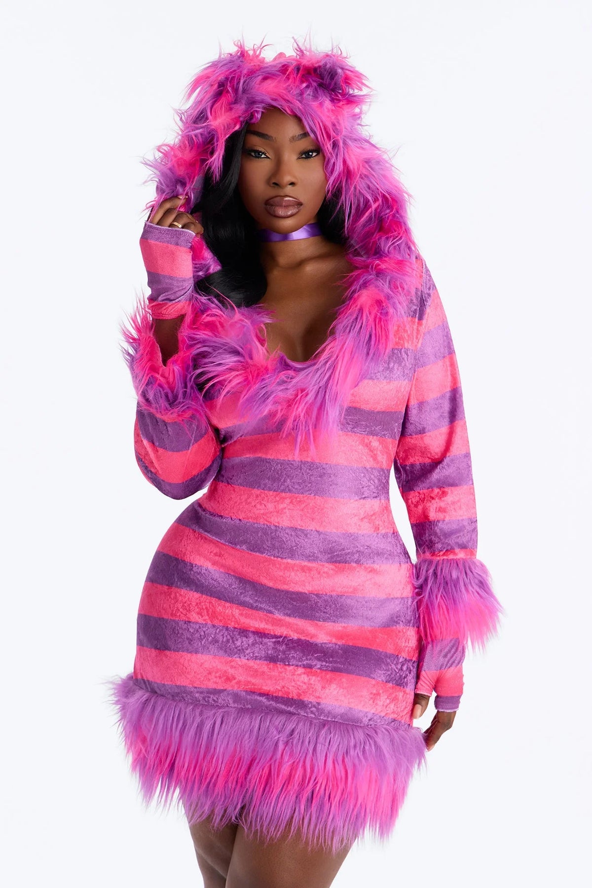 Cat Costume Set Fuzzy Pink Hooded Dress & Tail