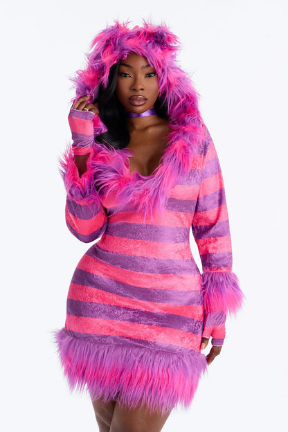Cat Costume Set Fuzzy Pink Hooded Dress & Tail