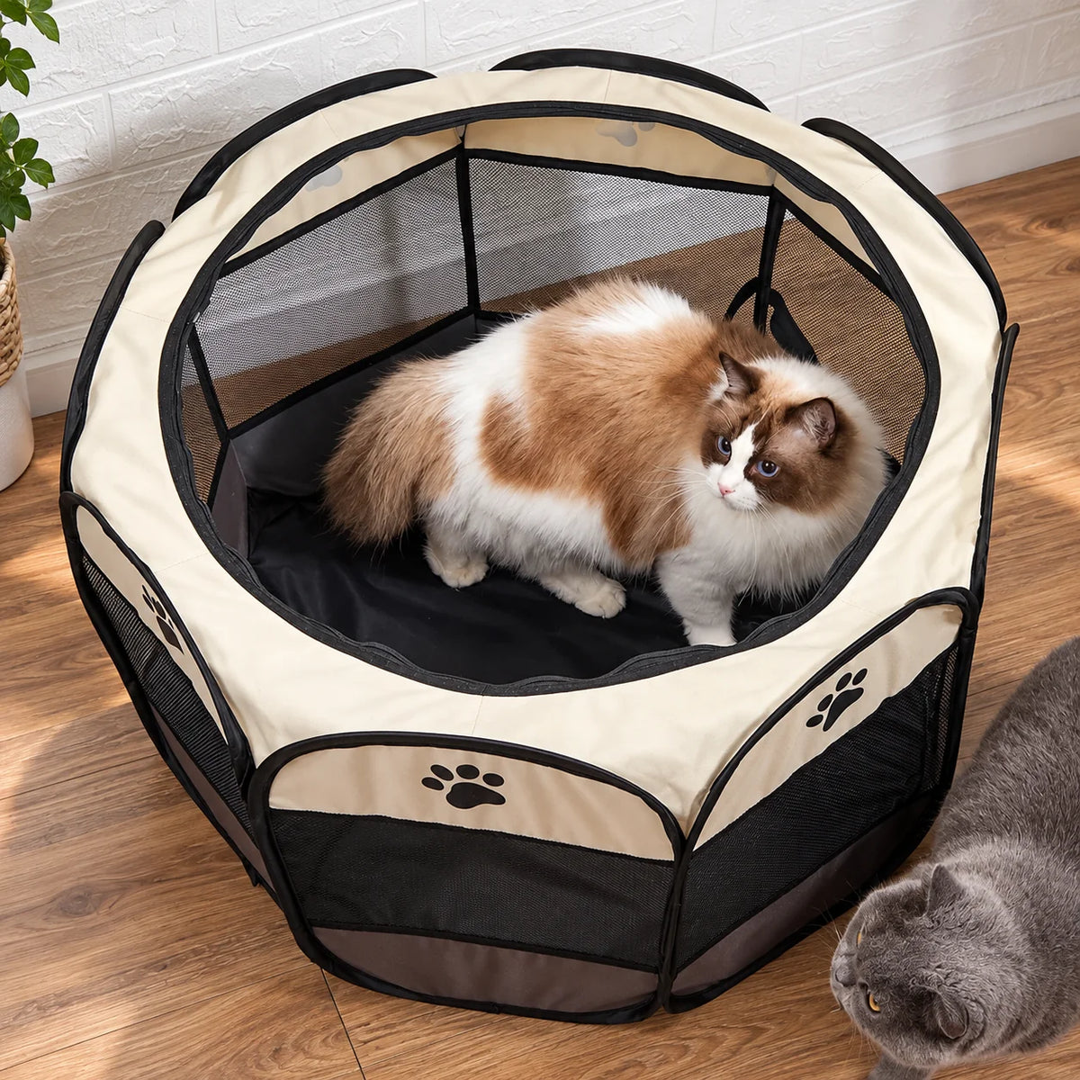 Cat Playpen Foldable Breathable Mesh Steel Frame & Carry Bag