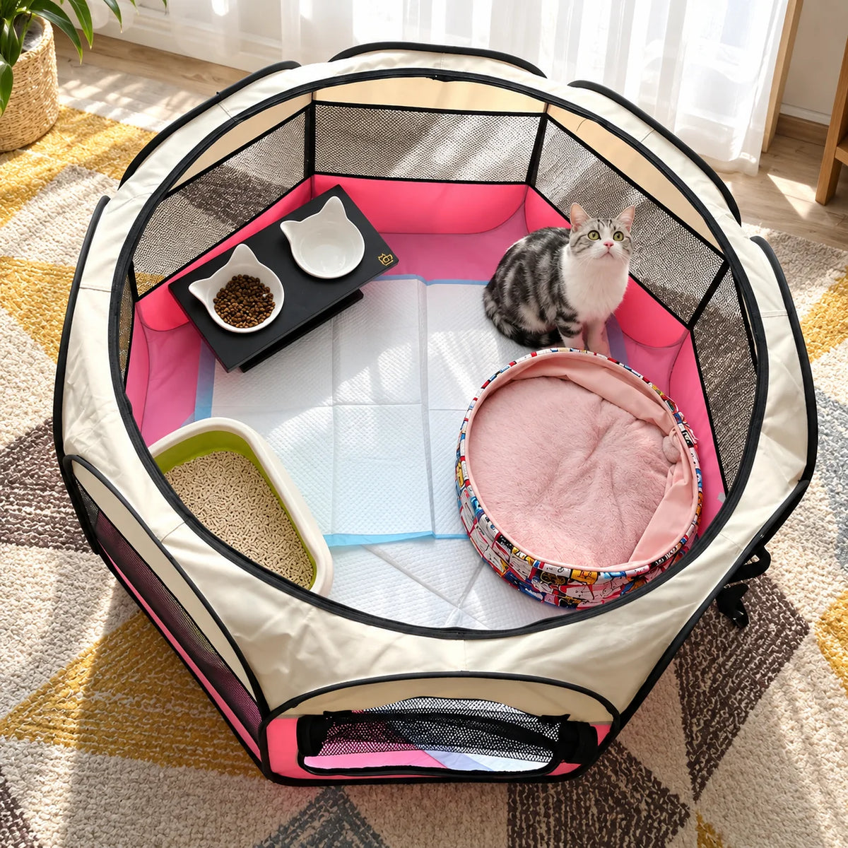 Cat Playpen Foldable Breathable Mesh Steel Frame & Carry Bag