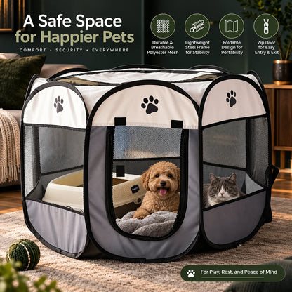 Cat Playpen Foldable Breathable Mesh Steel Frame & Carry Bag