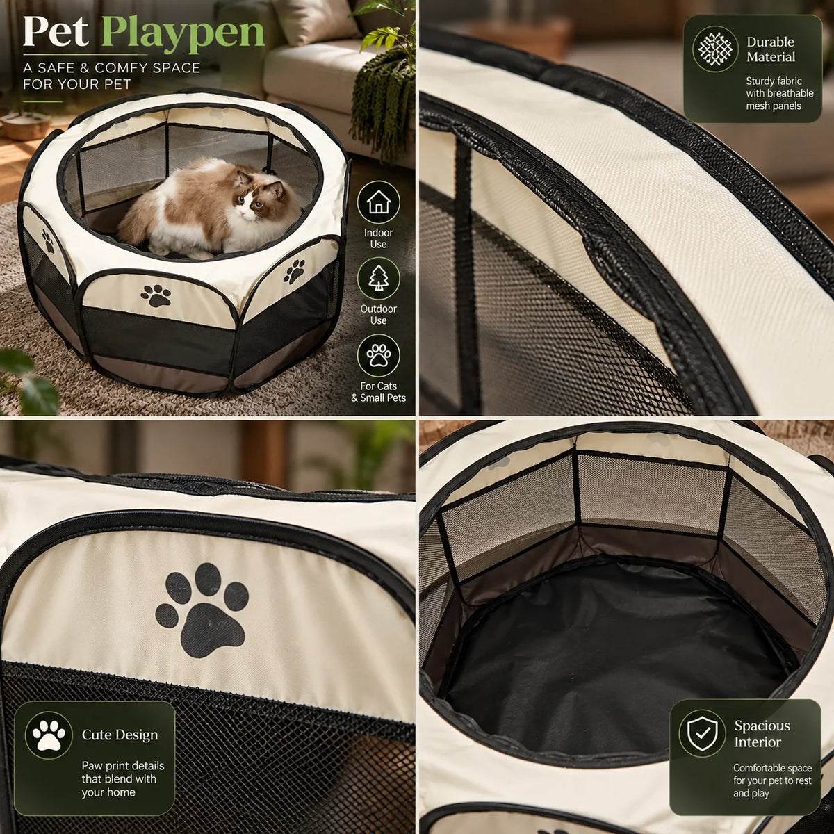 Cat Playpen Foldable Breathable Mesh Steel Frame & Carry Bag