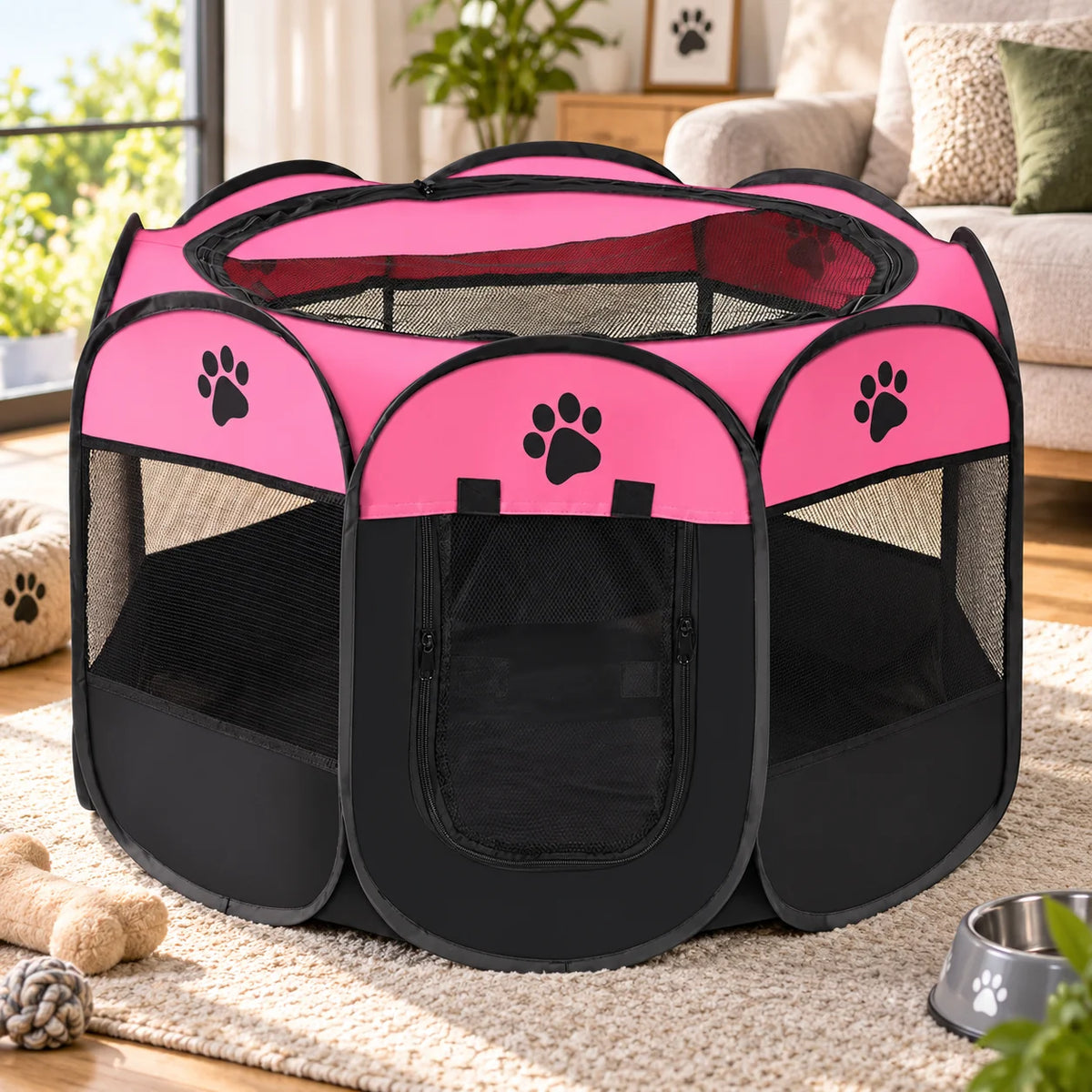Cat Playpen Foldable Breathable Mesh Steel Frame & Carry Bag