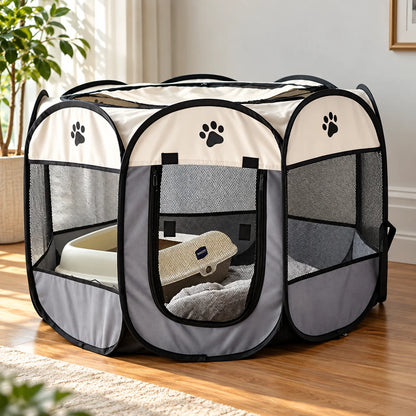Cat Playpen Foldable Breathable Mesh Steel Frame & Carry Bag