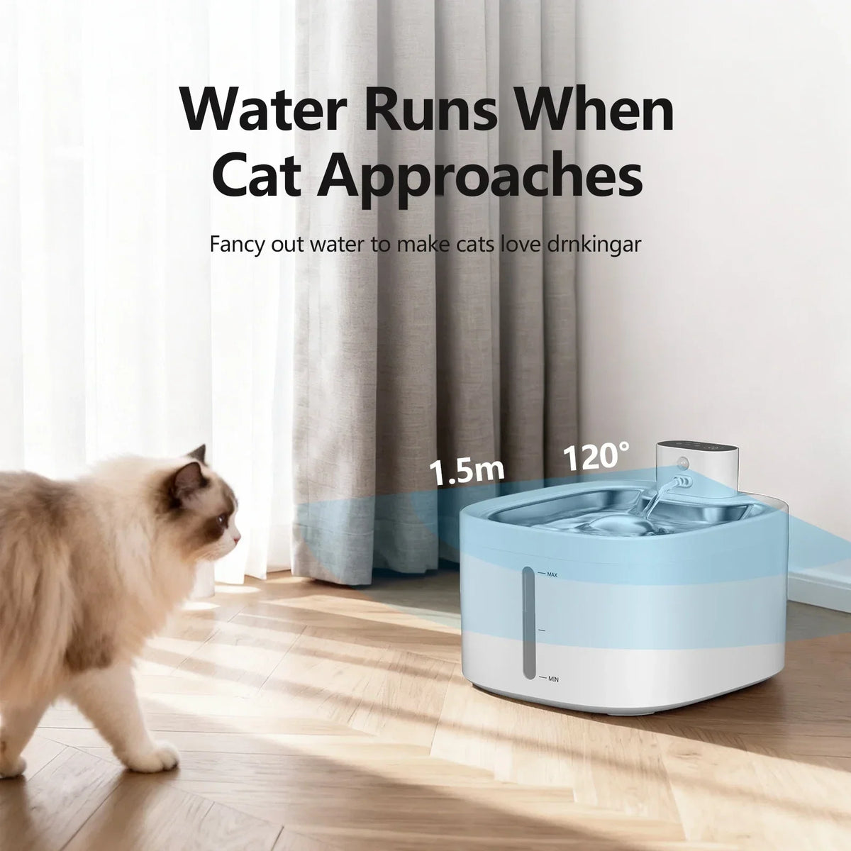 Cat Water Fountain Wireless Motion-Sensing Stainless Steel 0.92-Gallon Capacity
