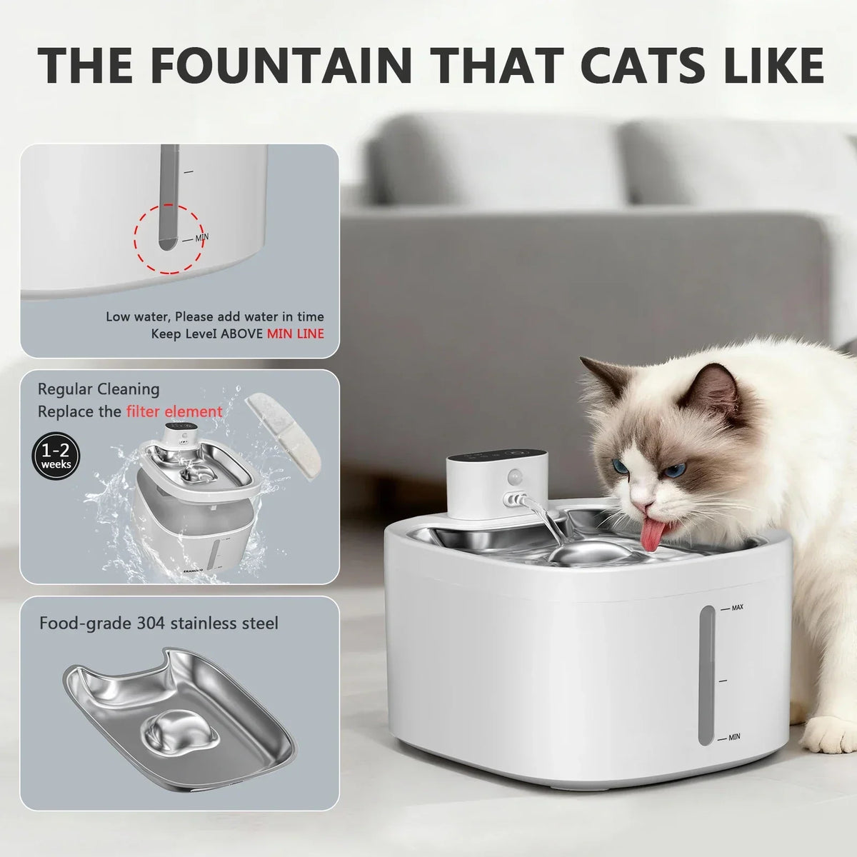 Cat Water Fountain Wireless Motion-Sensing Stainless Steel 0.92-Gallon Capacity