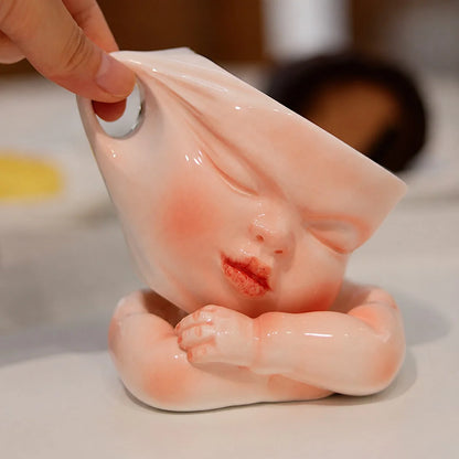 Ceramic Coffee Mug Sculpted Face Glossy Blush Pink 7.4 Oz