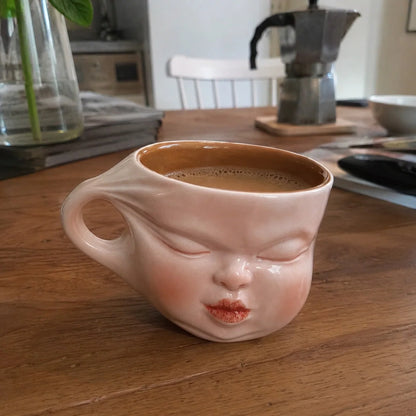 Ceramic Coffee Mug Sculpted Face Glossy Blush Pink 7.4 Oz