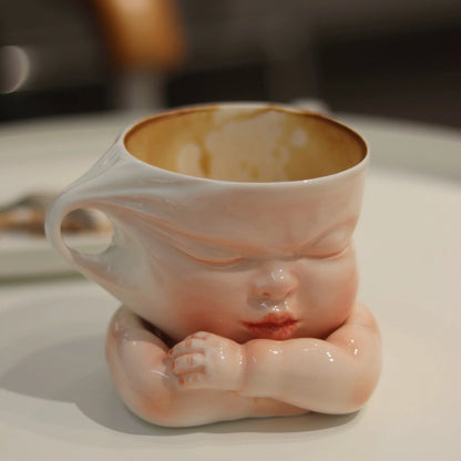 Ceramic Coffee Mug Sculpted Face Glossy Blush Pink 7.4 Oz