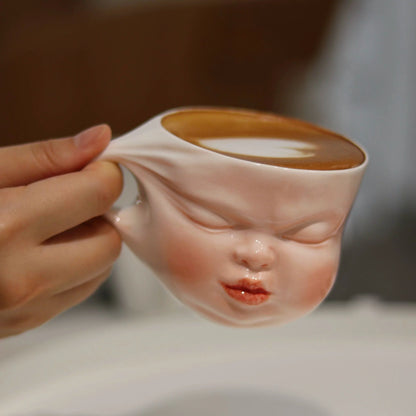 Ceramic Coffee Mug Sculpted Face Glossy Blush Pink 7.4 Oz