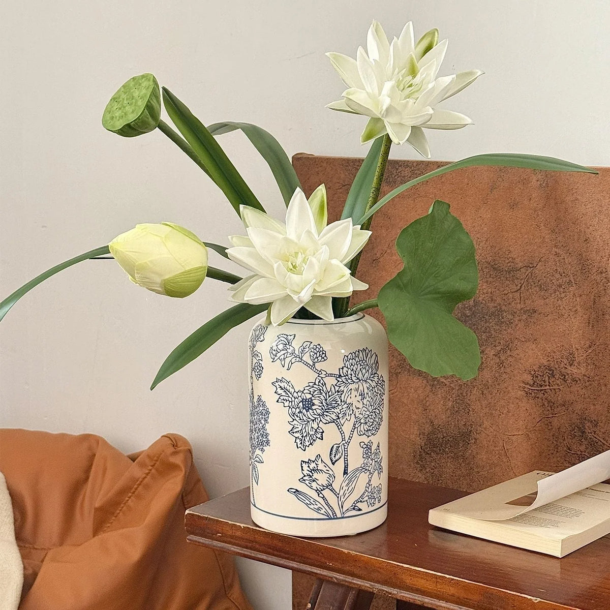 Ceramic Flower Vase Blue Floral 22 Cm High