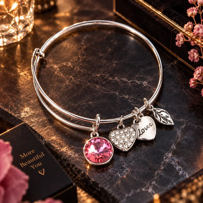 Charm Bracelet Adjustable Opal-Style Stone Heart & Leaf Charms