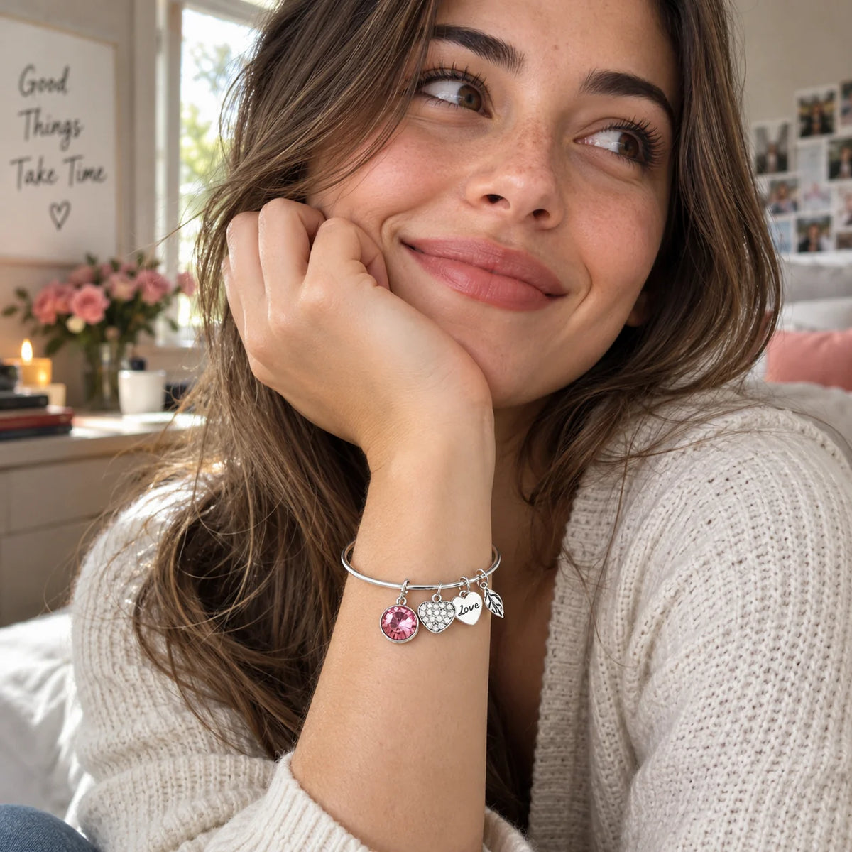 Charm Bracelet Adjustable Opal-Style Stone Heart & Leaf Charms