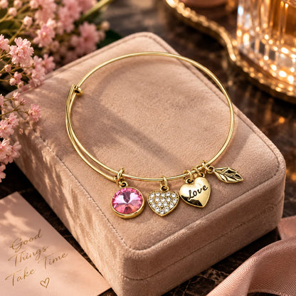 Charm Bracelet Adjustable Opal-Style Stone Heart & Leaf Charms